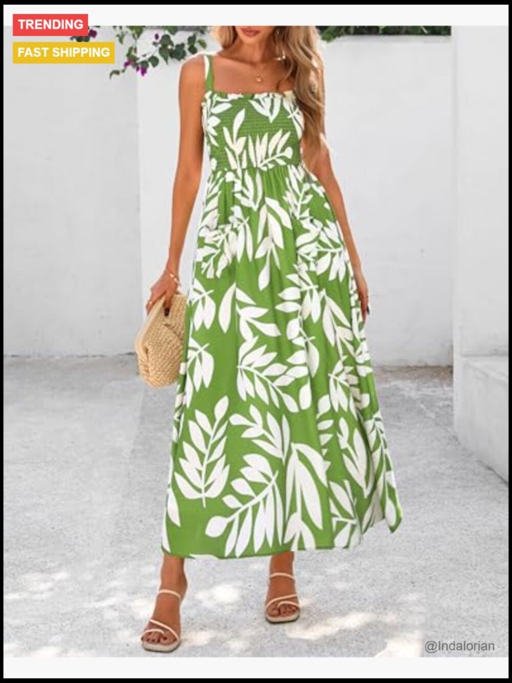 Women's Floral Print Smocked Maxi Dress with Pockets Adjustable Straps - Picture 2 of 7